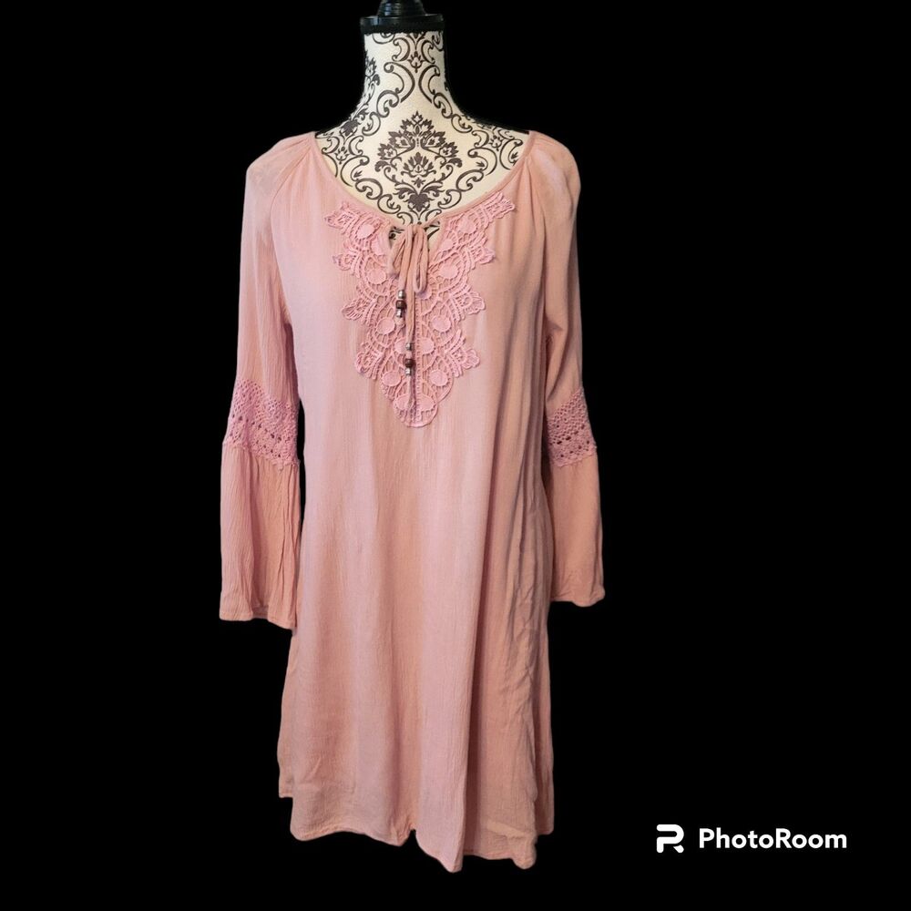 Speed Control Dusty Pink Lace Accent V-Neck Tunic Dress L